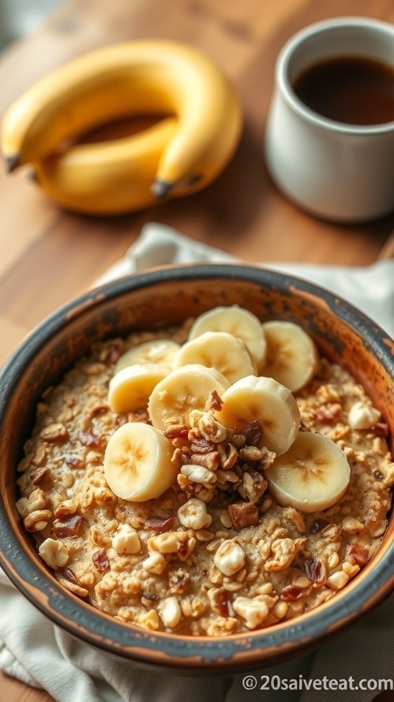 Air Fryer Banana Baked Oats Recipe A bowl of air fryer banana baked oats topped with banana slices and nuts, set on a wooden table.